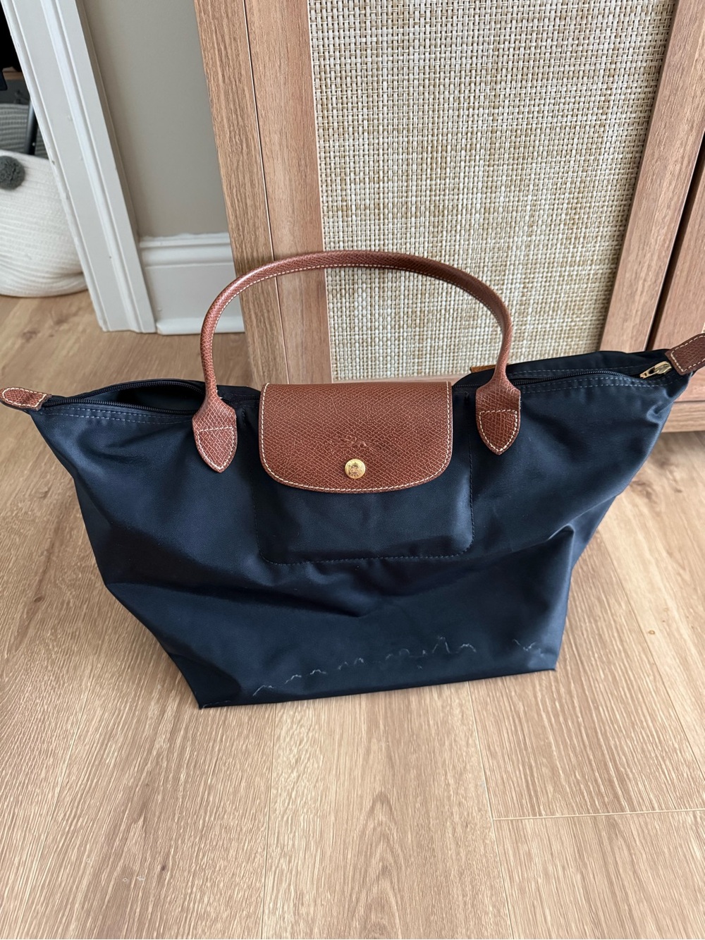 Longchamp Navy Tote with Brown Leather Trim